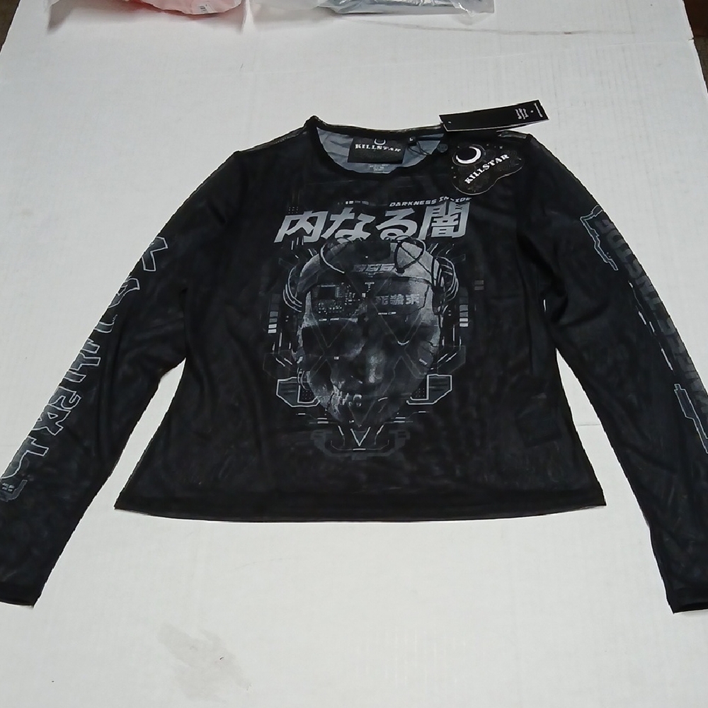 Killstar Darkness Inside Black Longsleeve Sheer Mesh Top Size L Rave Cyber Goth